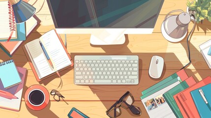 Poster - An illustration of a messy workplace. Cartoon flat lay of a wooden desk with computer monitor, keyboard, mouse, book stack, notepad, coffee cup, fashion magazine, and mobile phone.