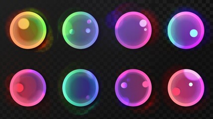 Poster - Isolated abstract color gradient dots set isolated on transparent background. Modern realistic illustration of rainbow dots, holographic blurred circles, vibrant design elements.