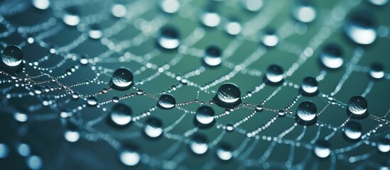 Canvas Print - A closeup of a spider web with water drops on it, showcasing a beautiful pattern created by moisture and reflecting an electric blue hue in macro photography