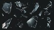 Realistic modern illustration set of broken glass shatter and pieces. Flying transparent debris elements of smithereens beaten crystal on dark background.