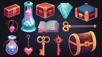 Wall Mural - Set of magic game assets isolated on black background. Treasure chest, key, spell book, toxic potion in glass tube, silver coin with gemstone, lock shape, user interface design.