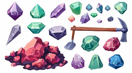 Wall Mural - Mine icons for diamonds and gemstones. Cartoon modern set of the UI asset for a precious stone miner - pile of red, green, and purple crystals, a shovel, pickaxe, and wooden handle.