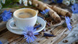 Chicory root on a table with a cup of chicory coffee emphasizing its health benefits