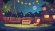 In this cartoon illustration, a suburban town street with houses, a swing decorated with garland lights, wooden armchairs and tables in front of a dark starry sky are shown in a night garden with