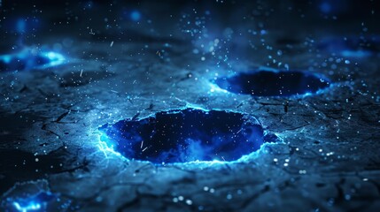 Wall Mural - An abstract ground surface with light cracks. Modern illustration of blue holes glowing on a black background, mist and sparkling particles in the air, magic energy effect, demolition of a building.