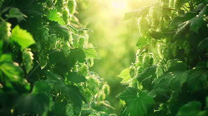 Hop garden beauty background lush green hops ready for harvest with space for copy