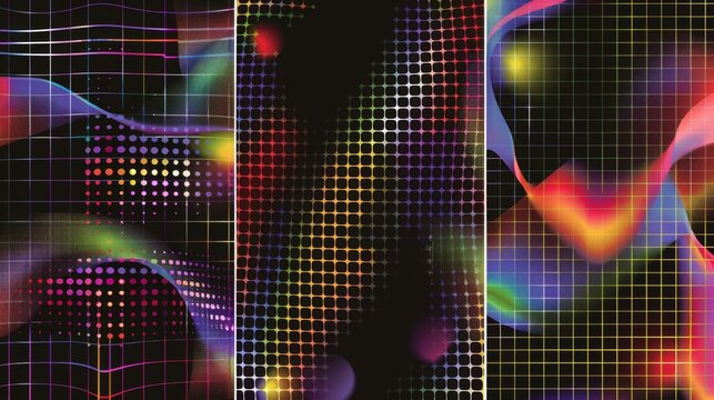 An acid grid psychedelic geometry pattern and text elements are shown on a black background in this retro futuristic poster design template.