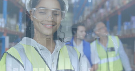 Poster - Image of statistics and financial data processing over woman working in warehouse