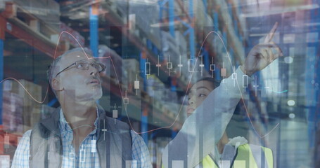 Poster - Image of statistics and financial data processing over man and woman working in warehouse