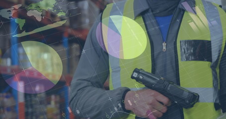 Poster - Image of statistics and financial data processing over man working in warehouse