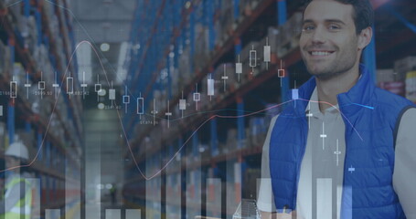 Poster - Image of statistics and financial data processing over man working in warehouse