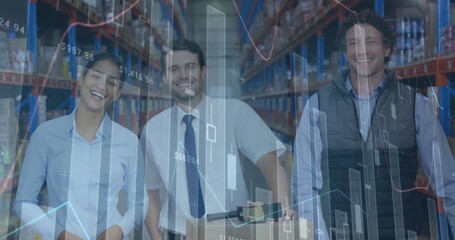 Poster - Image of statistics and financial data processing over men and woman working in warehouse