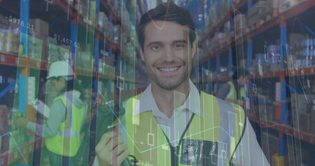 Poster - Image of statistics and financial data processing over man working in warehouse