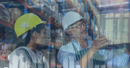 Poster - Image of statistics and financial data processing over man and woman working in warehouse