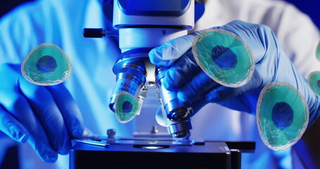 Poster - Image of white blood cells over scientist using laboratory microscope on blue background