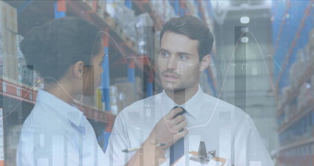 Poster - Image of statistics and financial data processing over man and woman working in warehouse