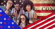 Image of smiling people over document and american flag