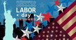 Image of labor day text over city and american flag