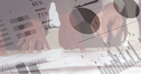 Poster - Image of statistics and financial data processing over architects with plans in meeting