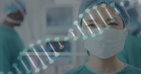 Sticker - Image of dna strand over portrait of smiling asian female surgeon in operating theatre