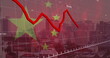 Image of red line, financial data processing, flag of china over cityscape