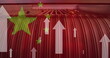 Image of white arrows, flag of china over factory
