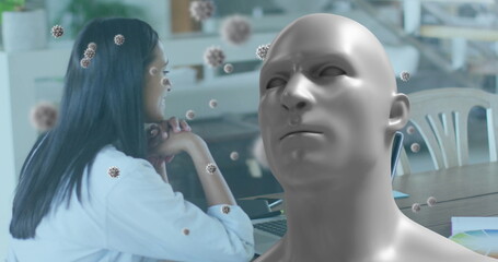 Poster - Image of human bust and covid 19 cells over businesswoman on laptop image call