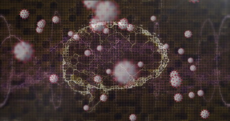 Poster - Image of human brain and dna strand spinning and covid 19 cells floating over black background