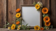 A Floral Background Frame Mock-up Featuring Rustic Sunflowers, Orange Zinnias, And Yellow Daisies Against A Backdrop Of Weathered Barn Wood, Perfect For A Country-themed Wedding.