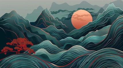 Wall Mural - An abstract background modern with a Japanese wave banner. Modern line pattern with gradient mountains and forests.