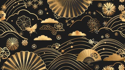 Wall Mural - Symbols and icons of traditional Japanese culture in gold on an Asian background.