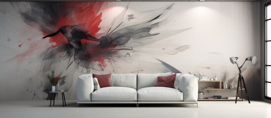 Canvas Print - A living room with a couch and a large painting hung on the wall, creating a cozy atmosphere with artistic flair