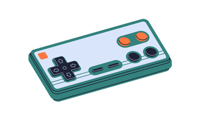 Poster - Retro gamepad, video game console of 80s, 90s. Old vintage videogame controller, playing device, gadget of 1980s. Eighties gamers consol. Flat vector illustration isolated on white background