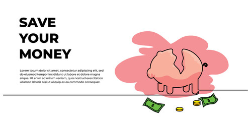 Wall Mural - Vector illustration of the piggy bank is destroyed symbol. Modern flat in continuous line style.