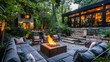 Luxurious outdoor patio with fire pit and cozy seating arrangement.