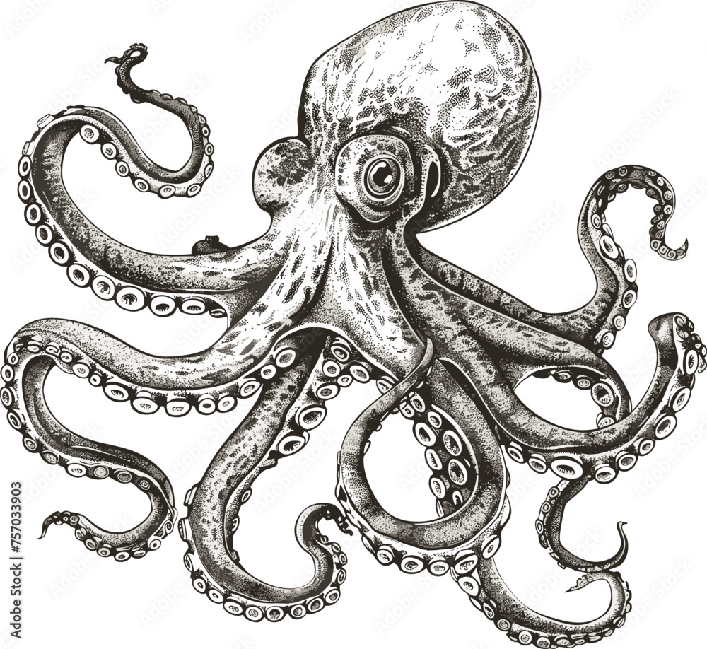 Vector illustration of an octopus drawn by hand with ink, in black and ...