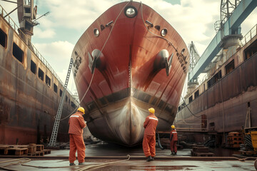 Wall Mural - Crew assesses extent of ship damage to devise plan for repair. Men share insights to develop strategy for restoring tanker to optimal condition