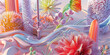 A lush, 3D-rendered landscape bursts with stylized flowers and flowing, ribbon-like textures in a soft, pastel-hued dreamscape.