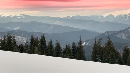 Wall Mural - Montenegro's watershed ridge in foggy clouds after a snowstorm. Beautiful gentle streaks of fog over the wild peaks of the Carpathians. Videos from Hoverla, Goverla, Ukraine.