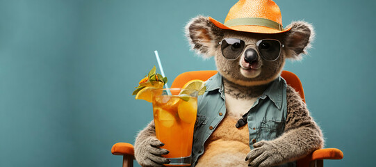 Funny koala wearing summer straw hat and stylish sunglasses, holding glasses with cocktail drinks on chair isolated  on blue generative on ai.