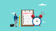 © Vanz Studio - business emergency plan or strategy illustration, emergency action plan, emergency action plan when business disaster occurs, business stand with a list of emergency plans with an alarm clock beeping