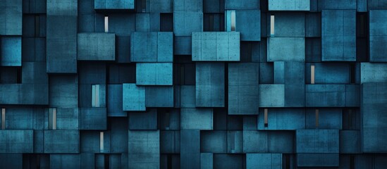 Poster - The facade is composed of rectangular blue panels creating a pattern with symmetry. The shades of aqua and electric blue add depth to the grey composite material wall
