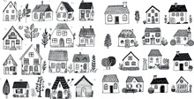 Minimalist Line Art Cottage, Vintage Country House And Sweet Home Vector Doodle Illustration Set