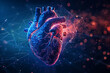 Detailed digital illustration of a human heart with glowing effects, ideal for medical presentations or educational materials, set against a dark space-inspired background with room for text
