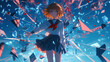 school uniform anime girl in the middle, broken glass background
