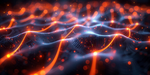 Wall Mural - 3D render of glowing network connections and neural networks on a black background,3d render abstract Futuristic grid wave background with gradient and dots.Shiny colorful wave flow particles texture 