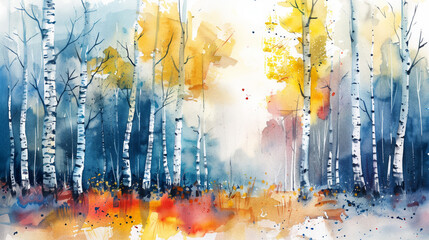 Sticker - Vibrant watercolor landscape painting of a birch forest with colorful autumnal foliage, ideal for seasonal backgrounds with space for text