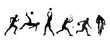 Sportsperson or athlete on white background. Silhouettes of people playing various sports, including football, basketball, volleyball, tennis, cycling, and running. Group vector illustration.