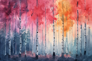 Wall Mural - abstract watercolor forest background with vibrant red and orange hues, ideal for creative projects 