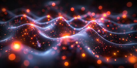 Wall Mural - 3D render of glowing network connections and neural networks on a black background,3d render abstract Futuristic grid wave background with gradient and dots.Shiny colorful wave flow particles texture 